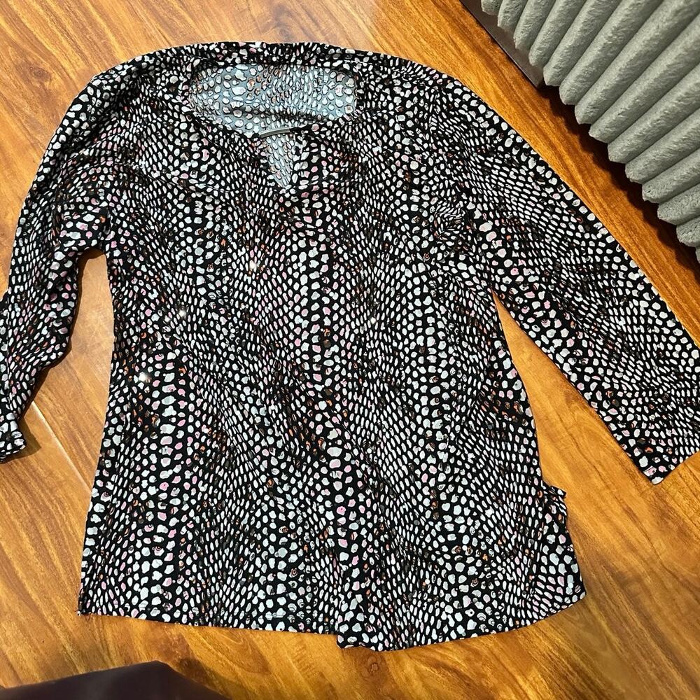 Emily Daniels Women’s 3/4 Sleeve Blouse Tunic Top Black Pink Sparkle Flowy L